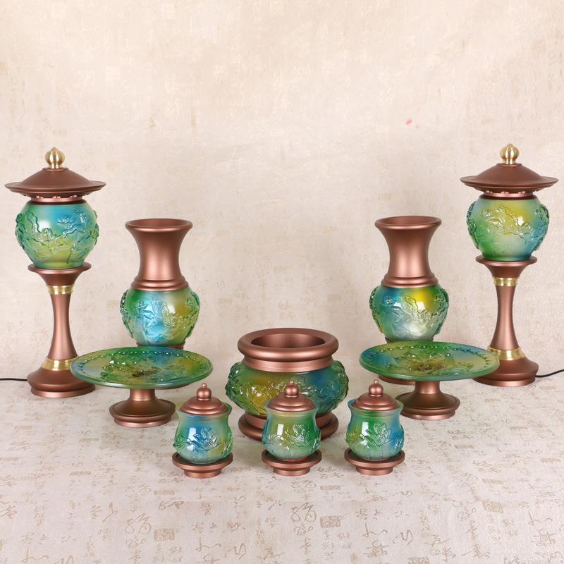 圆通工艺合金琉璃浮雕莲花果盘供杯花瓶琉璃灯香炉供具家居摆件