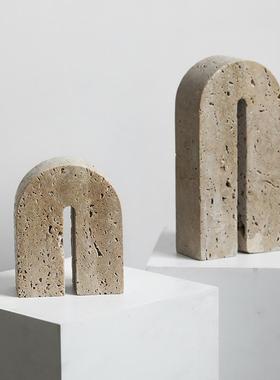 北欧风黄洞石家居摆件中古 大理石书挡书立创意桌面办公室装饰品