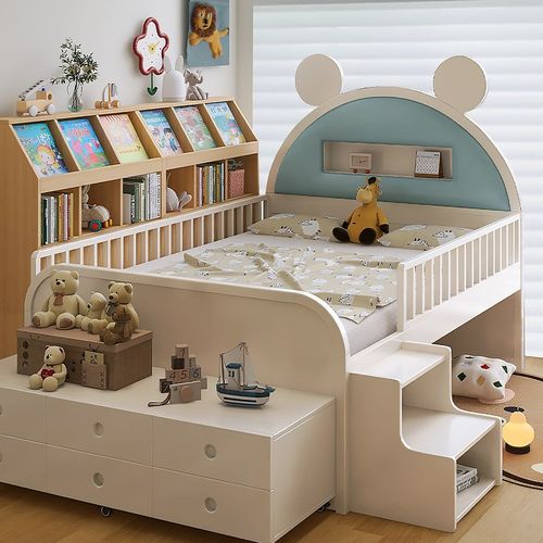 儿童床男孩女孩半高床1米2床带护栏小户型儿童房多功能储物床实木