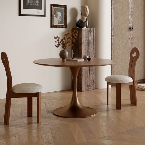 复古实木小圆桌家用小户型阳台休闲洽谈桌椅组合黑胡桃中古圆餐桌