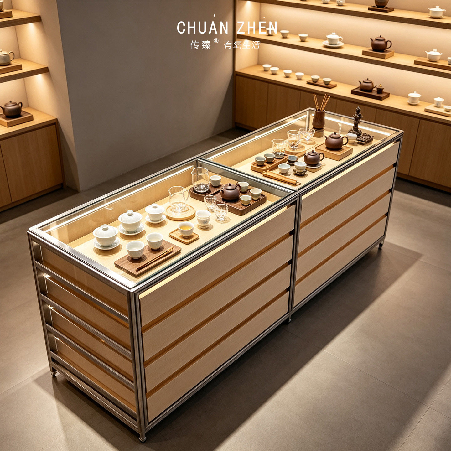 现代玻璃展示柜多层抽屉式收纳柜商用茶具茶叶陈列柜大容量中岛柜