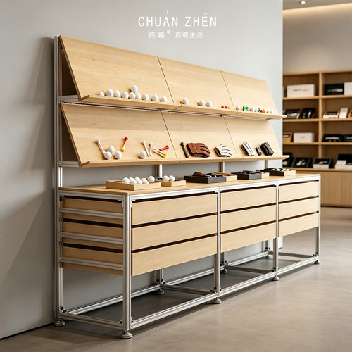 落地精品高尔夫配件样品陈列柜E0级桦木海洋板铝型材门店置物架