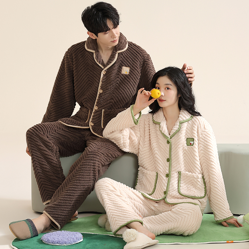 七色纺珊瑚绒情侣加绒加厚舒适睡衣女秋冬季开衫家居服男可外穿