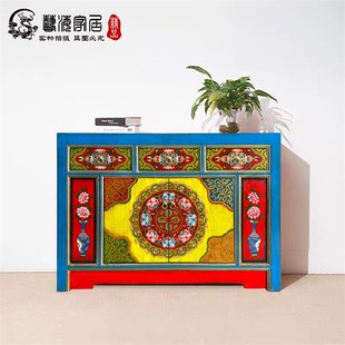 复古餐边柜彩绘收纳柜实木玄关柜储物碗柜做旧家具仿古摆设柜 中式