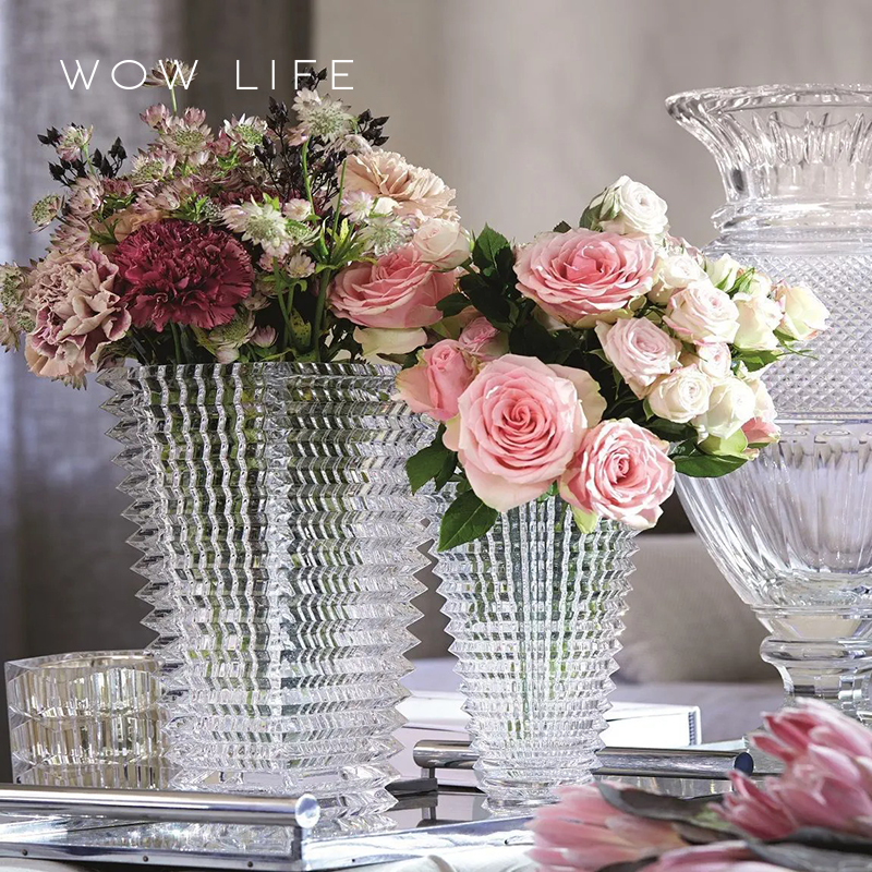 法式水晶玻璃花瓶卢索家居装饰品餐桌轻奢摆件璀璨方W形简约插花