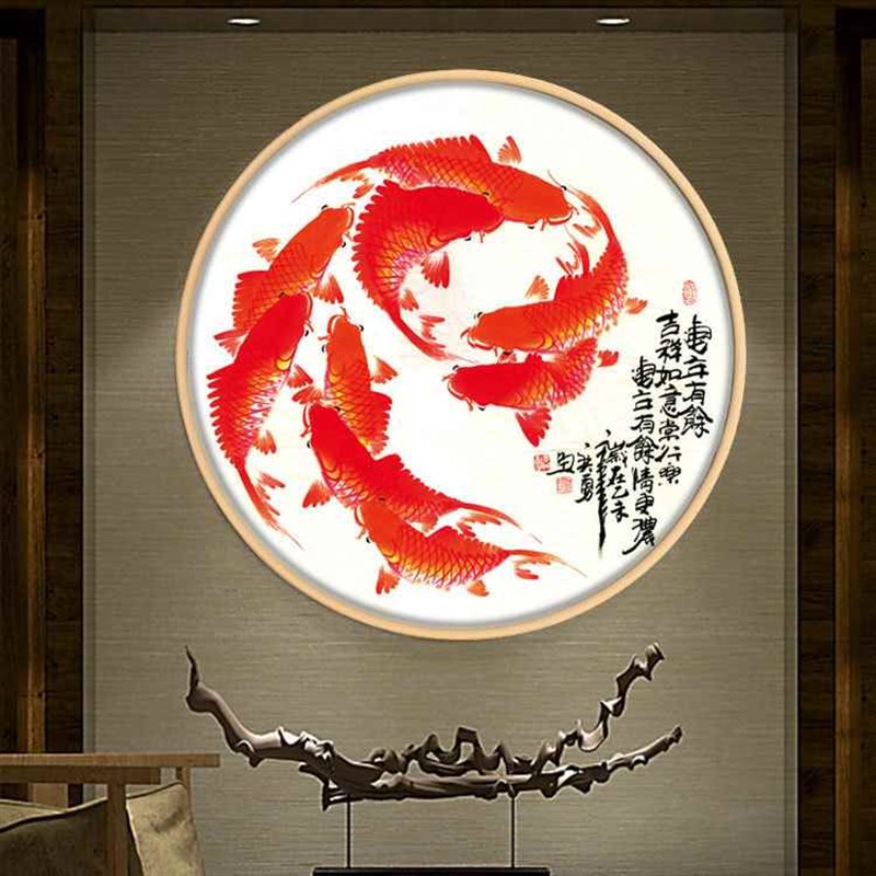 九鱼图装饰画客厅中式办公室玄关挂画高级感年年有鱼风水聚财圆形图片