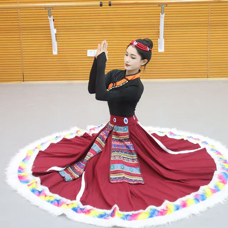 藏族舞蹈演出服装女学生艺考班服民族跳舞练习大摆半身裙舞台表演