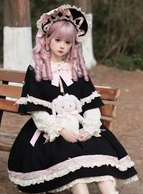 纸袋猫Lolita洛丽塔连衣裙黑色粉色焦糖奶云再版套装(OP+斗篷