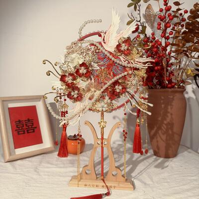 团扇新娘结婚diy材料婚礼秀禾红色扇子高级喜扇双面婚扇成品中式