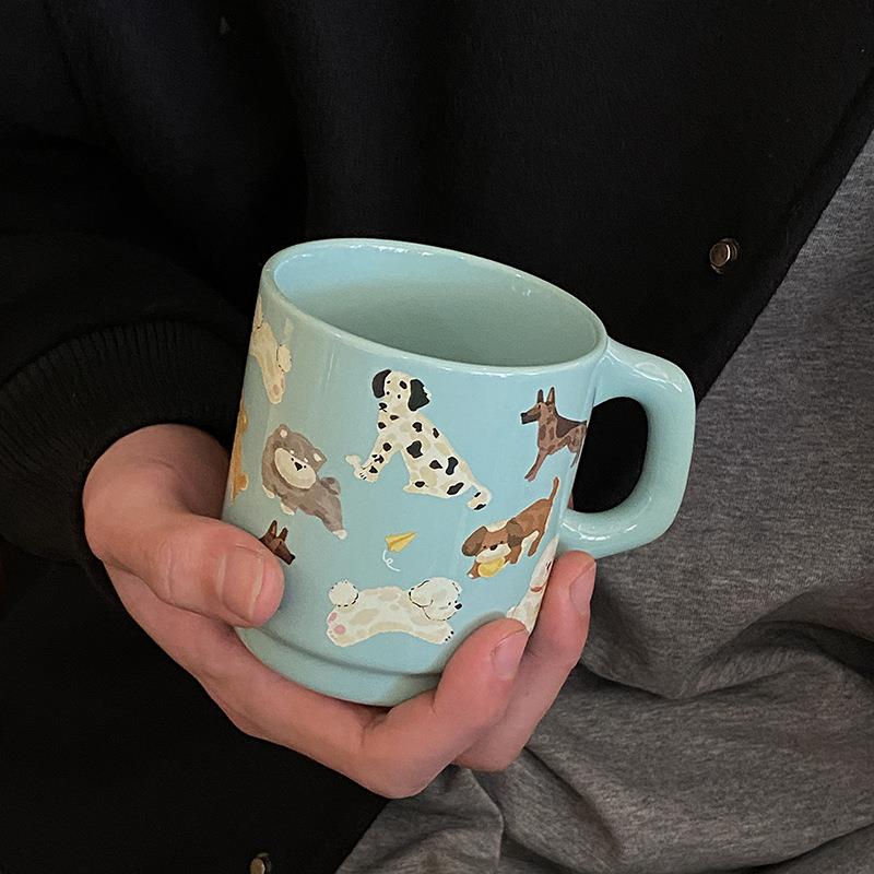ins薄荷脑袋小狗陶瓷马克杯 创意卡通修勾咖啡杯春天水杯 340ml