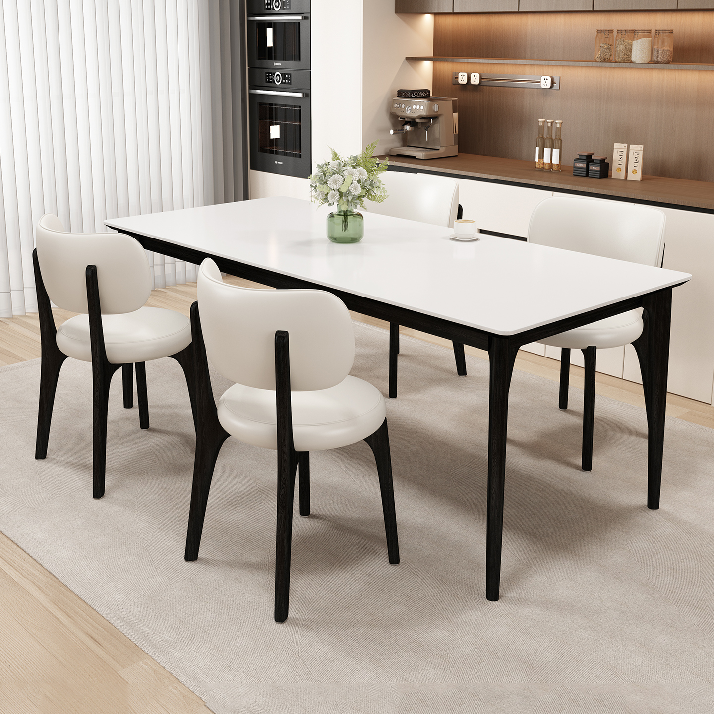 德利丰实木岩板餐桌椅组合家用白蜡木纯白小户型现代简约黑色饭桌