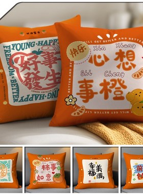 方形橙色文字抱枕客厅沙发靠枕办公室护腰靠O背床靠垫不含芯枕外