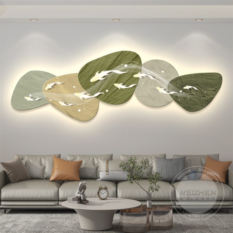 led带灯轻奢九鱼图客厅装饰画沙发背景墙挂画壁画简约现代高级感图片