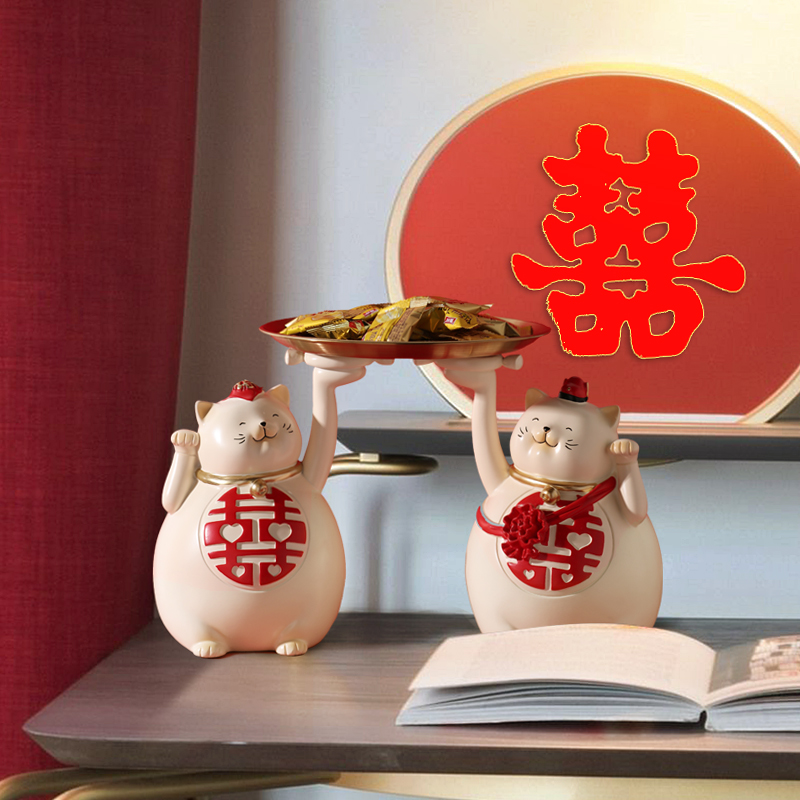 大喜招财猫托盘新婚礼品摆件一对结婚订婚闺蜜礼物送新人家居饰品