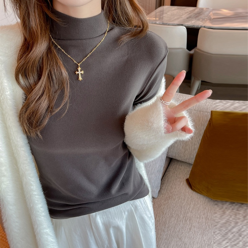 微米德绒半高领打底衫女士新款中领内搭上衣可外穿秋冬季长袖t恤