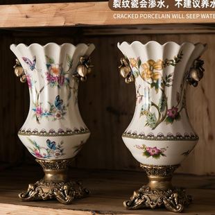 饰品欧式 复古冰裂纹陶瓷花创意家居摆件装 包邮 双耳足花 美式