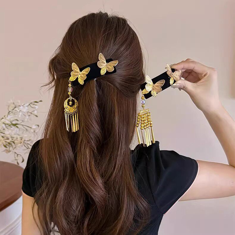 新中式古风金色蝴蝶手工流苏侧边发夹女旗袍国风刘海精致夹子头饰