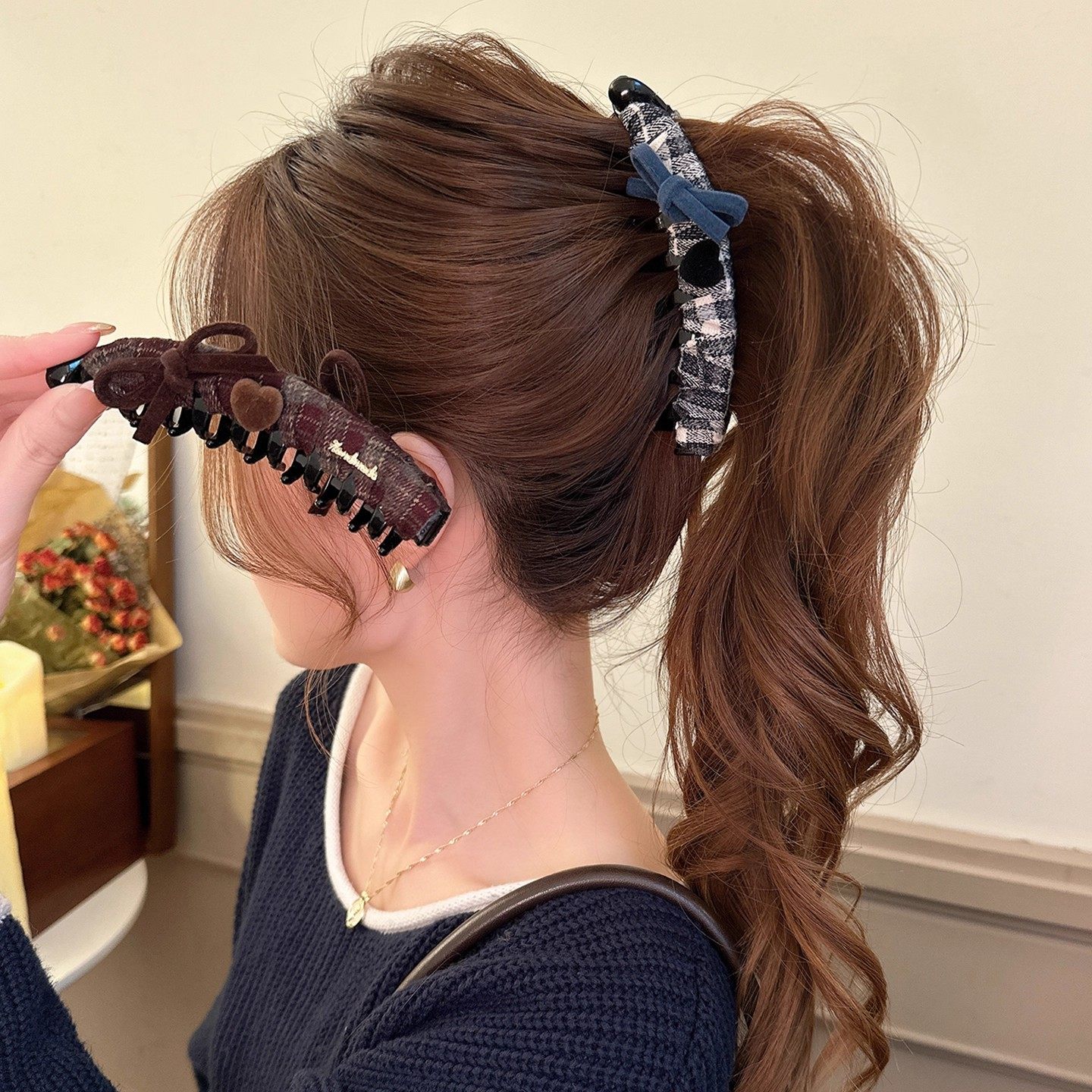 韩系学院纹格蝴蝶结发夹女款时尚高级感秋冬高马尾香蕉夹百搭发饰,饰品/流行首饰/时尚饰品新,发饰,淘宝优惠券,粉丝福利购,淘宝优惠卷