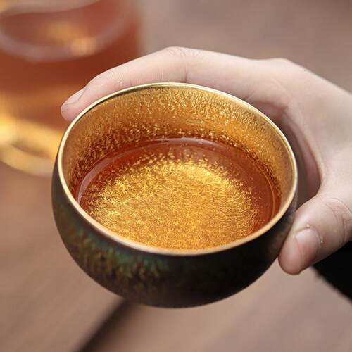 窑变七彩建盏鎏金主人杯手工陶瓷天目釉个人专用轻奢窑变茶盏