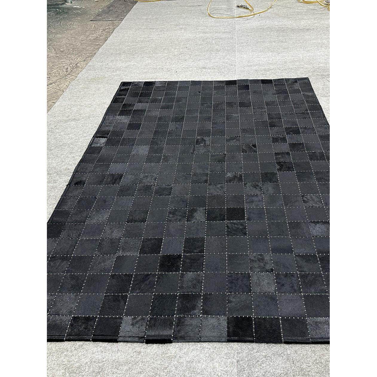 新中式黑色深色进口奶牛皮格子客厅书房餐厅阳台拼接地毯可定制