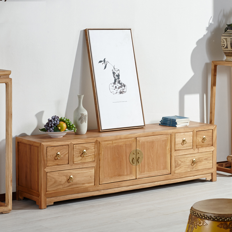 新中式实木电视柜老榆木禅意免漆客厅小户型简约储物地柜茶几家具