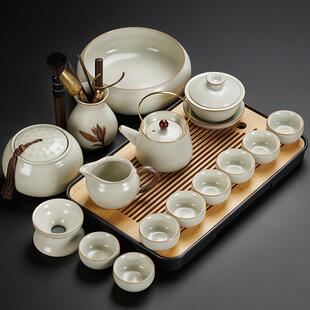 轻奢高档礼盒装 米黄汝窑功夫茶具套装 陶瓷提梁壶盖碗茶杯茶盘家用
