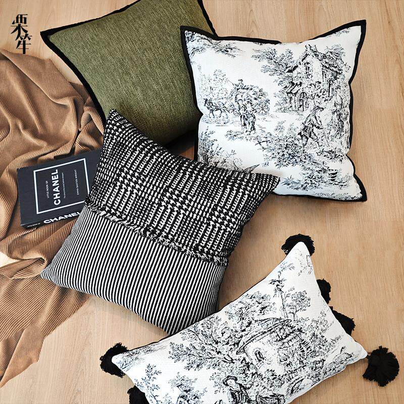 栗笙时尚中古风抱枕覆古绿法式靠垫新中式流苏腰枕民宿设计师靠枕