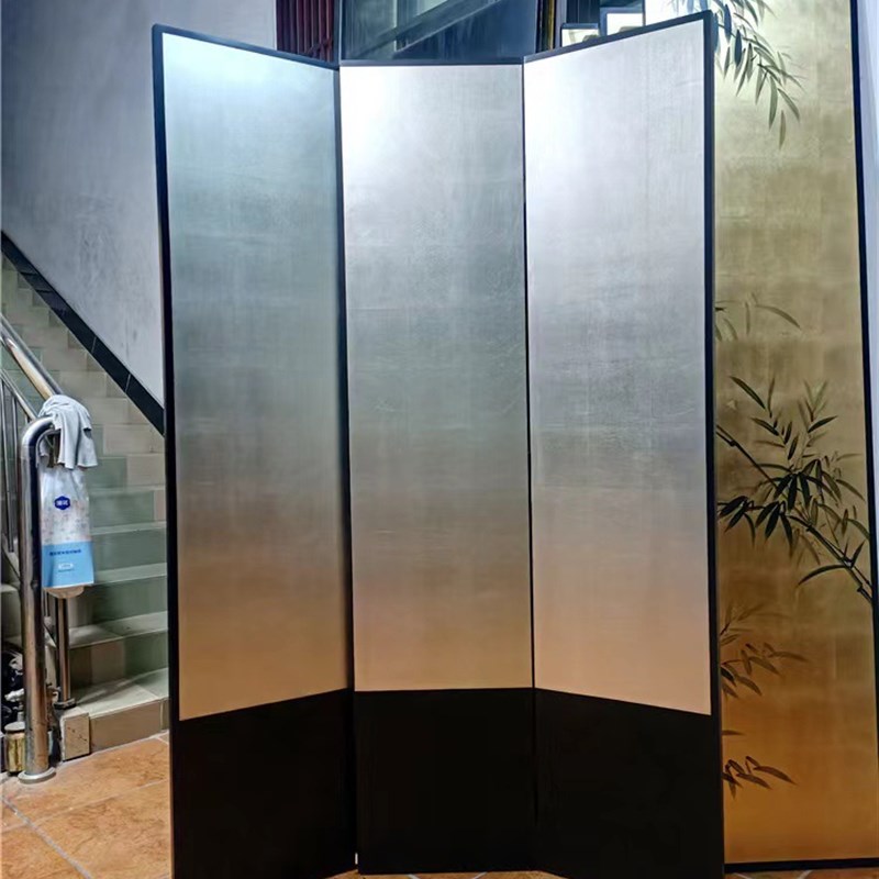 中式简约银箔屏风实木复古素色中古风客厅办公室会议室背景墙隔断