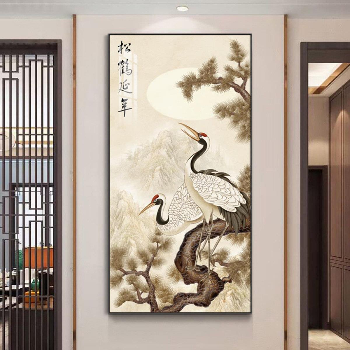 仙鹤图装饰画中式挂画仙鹤画鹤寿图字画玄关画走廊竖款松鹤延年