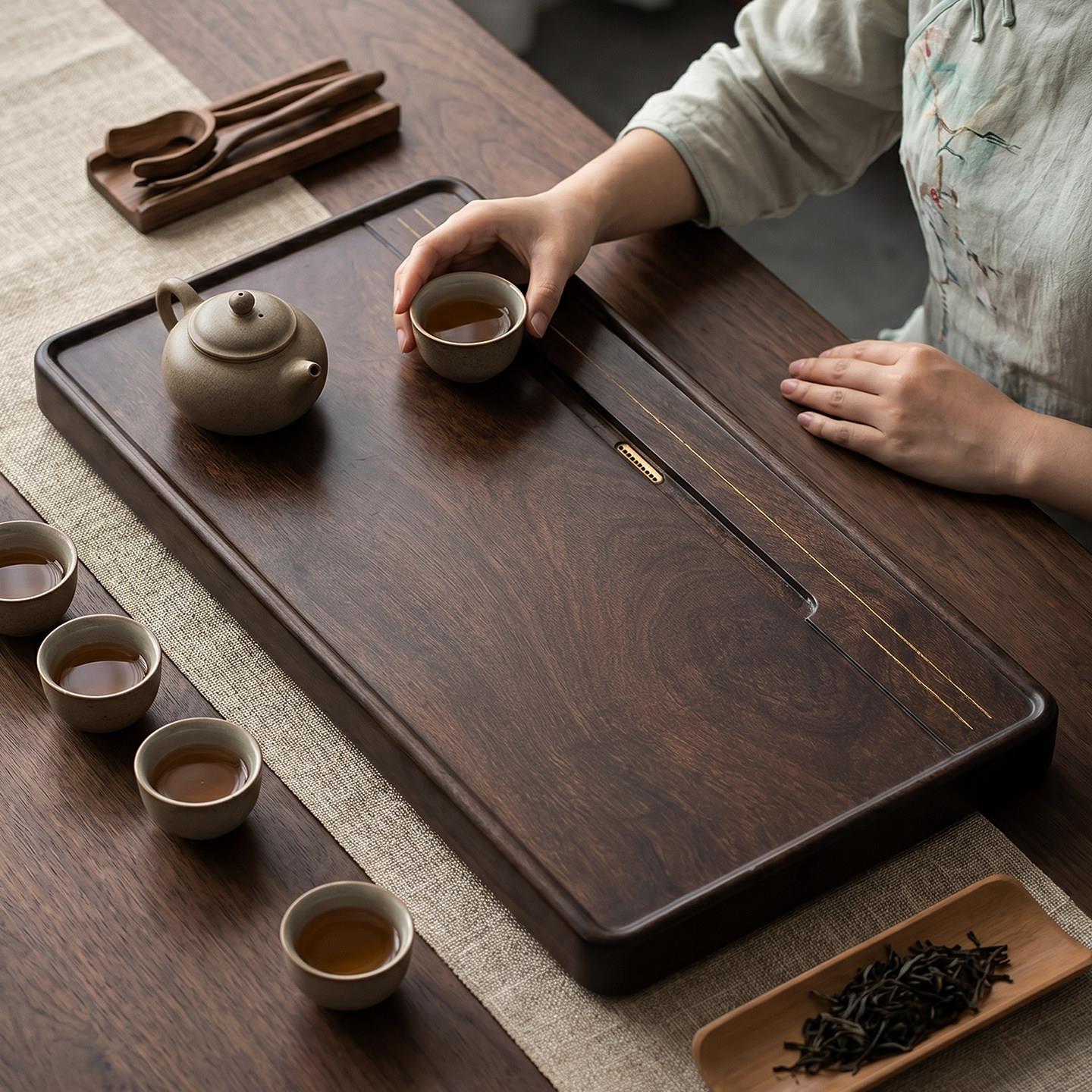 天然实木茶盘整块原木乌檀木家用办公新款泡茶台托盘排水高端轻奢