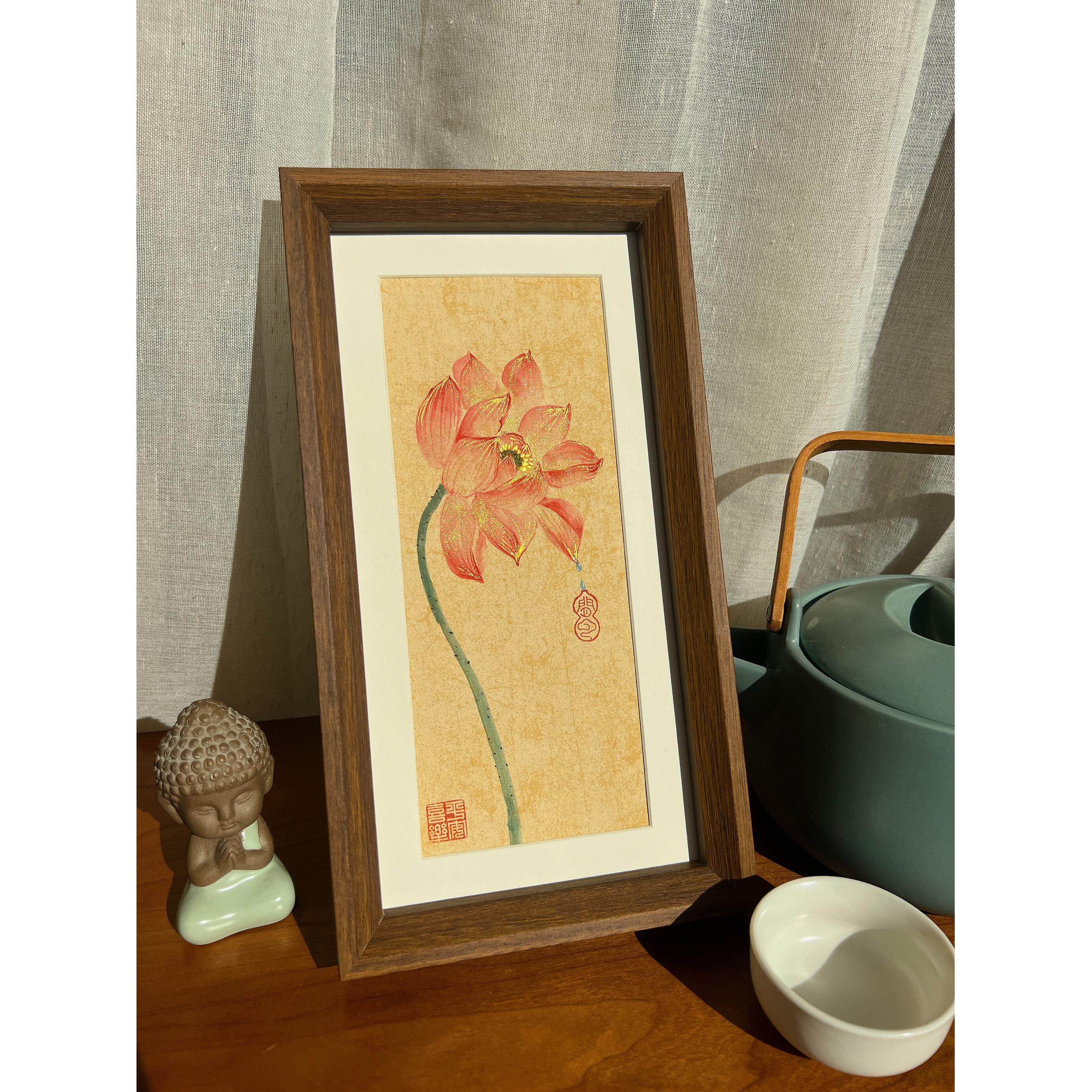 拾花手绘【荷花】国画带框摆台茶室摆件挂画装饰画 中国风家装