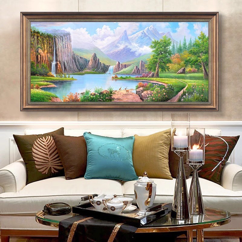 聚宝盆山水风景挂画欧式装饰画美式客厅沙发背景墙仿油画招财壁画图片