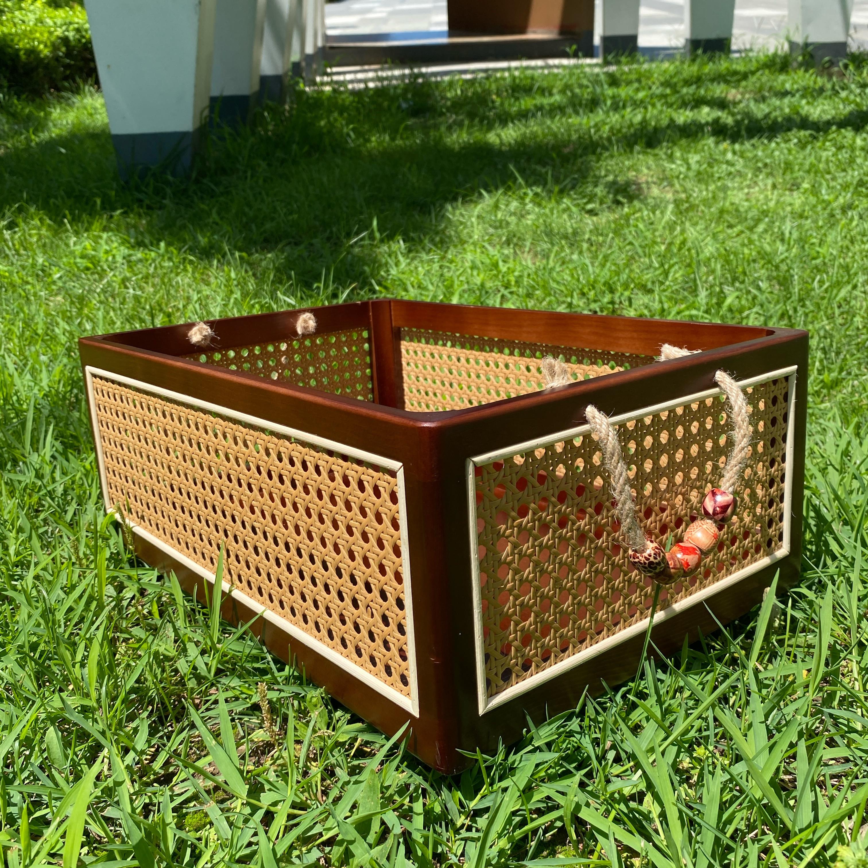 黑胡桃木色桌面收纳盒藤编筐收纳筐零食盒收纳箱实木质储物盒提篮