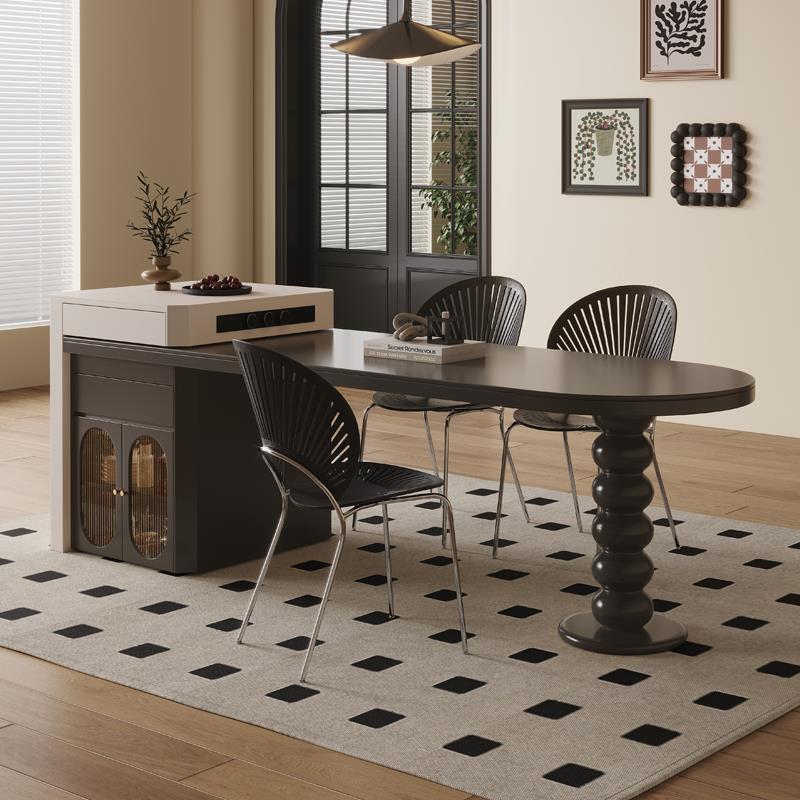 法式复古风黑色岩板岛台餐桌一体家用可伸缩圆弧意式高级实木导台