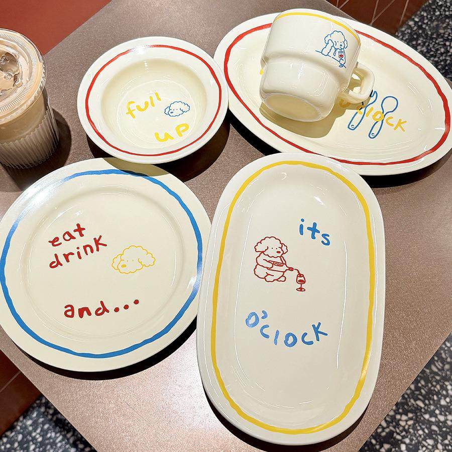 Endless stars 覆古撞色卷卷小狗陶瓷盘碗套装家用盘子饭碗马克杯