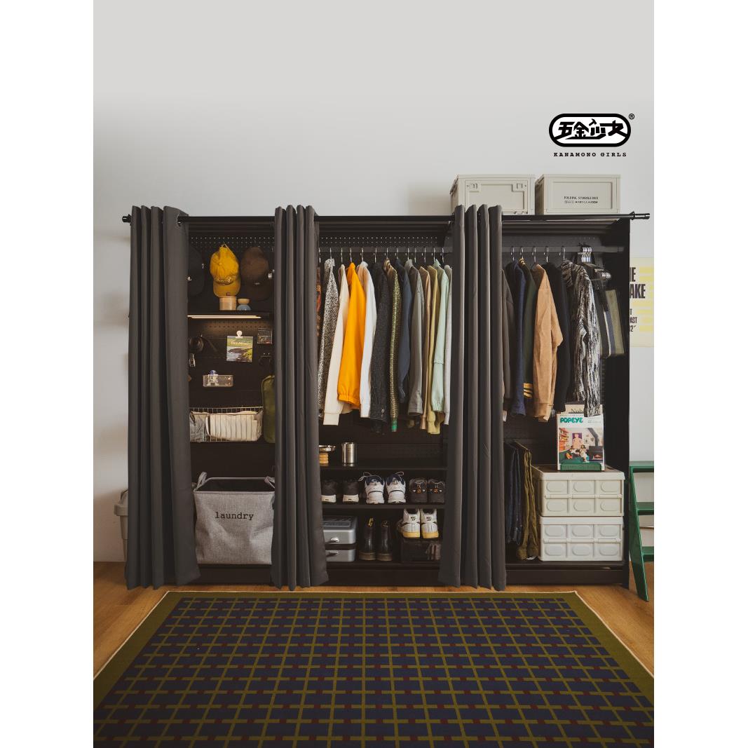 五金少女洞洞板金属大衣柜铁艺落地衣架组装带防尘帘开放式衣帽间