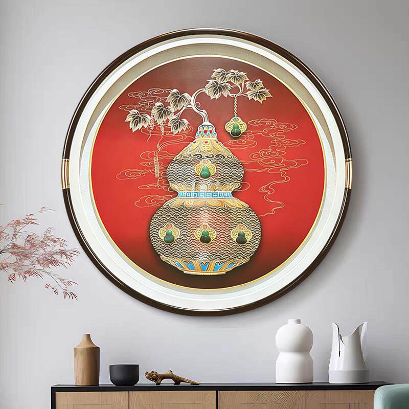 铜雕画五福临门铜镶玉手工雕刻入户玄关圆形挂画客厅餐厅装饰画