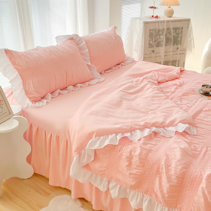 粉色水洗棉床单 单件ins女士裙式防滑床裙款遮丑被单枕套2三件套