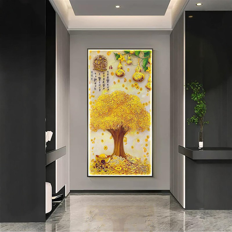 发财树入门玄关好寓意晶瓷装饰画新中式过道挂画现代走廊尽头壁画图片