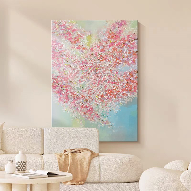 粉色樱花手绘油画奶油风酒店大厅玄关挂画餐厅花卉抽象肌理装饰画图片