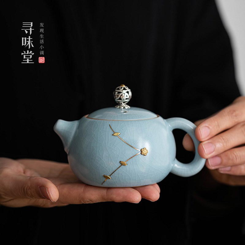 天蓝汝窑锔钉茶壶高档汝瓷西施壶美人壶李辉熠开片陶瓷功夫茶具