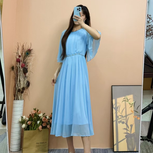 收腰长款 荷叶袖 气质优雅简约钻链袖 飘逸连衣裙A1021 依易原创