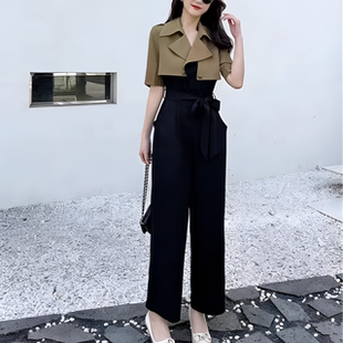 气质女神范连体裤 领时尚 E1411 显瘦撞色西装 法式