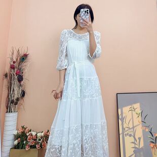 气质轻奢名媛风高定刺绣蕾丝拼接木耳边仙女裙D1003 依易原创