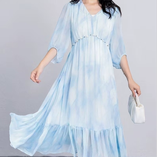 温柔气质扎染珍珠收腰显瘦飘逸大摆连衣裙B0920 法式