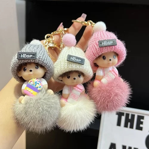 真水貂毛蒙奇奇汽车挂件钥匙扣