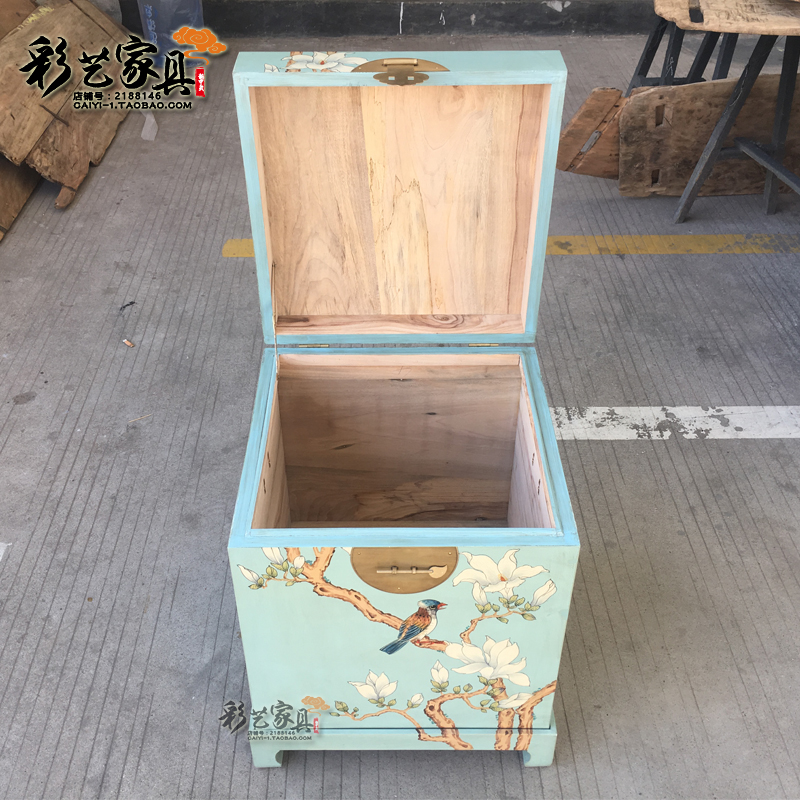 香樟木箱床头柜沙发边几小茶几边桌中式田园彩绘储物收纳柜字画箱