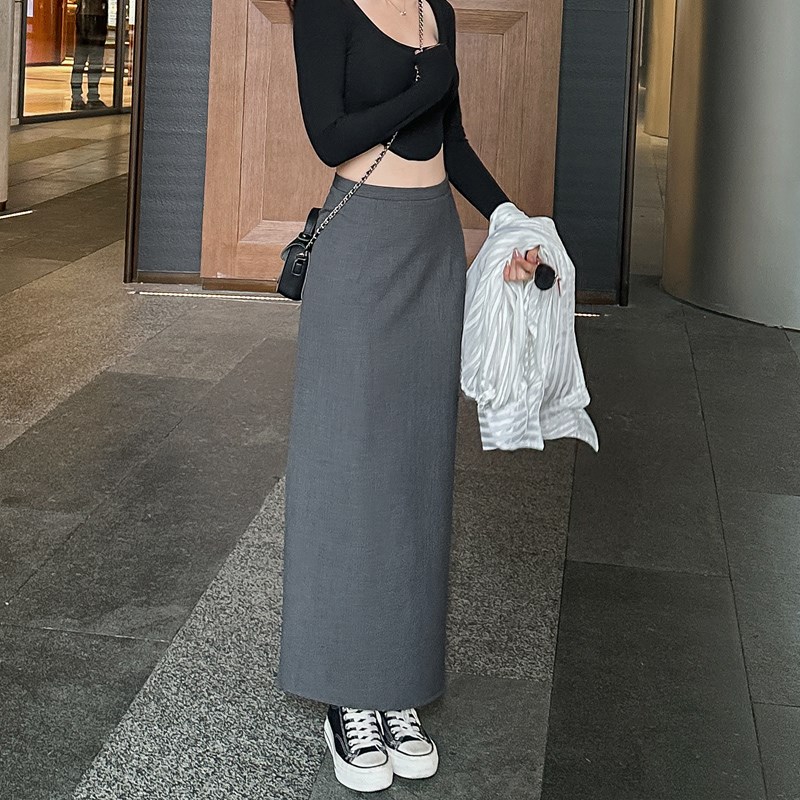 灰色西装垂感半身裙长裙女春夏黑色直筒裙高腰显瘦长款后开叉裙子