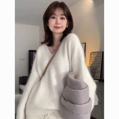 白色v领毛衣女2025秋冬新
