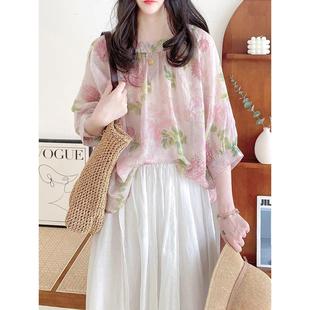 娃娃衫 棉麻上衣日系清新简约宽松文艺甜美印花超仙气质衬衫 女夏季